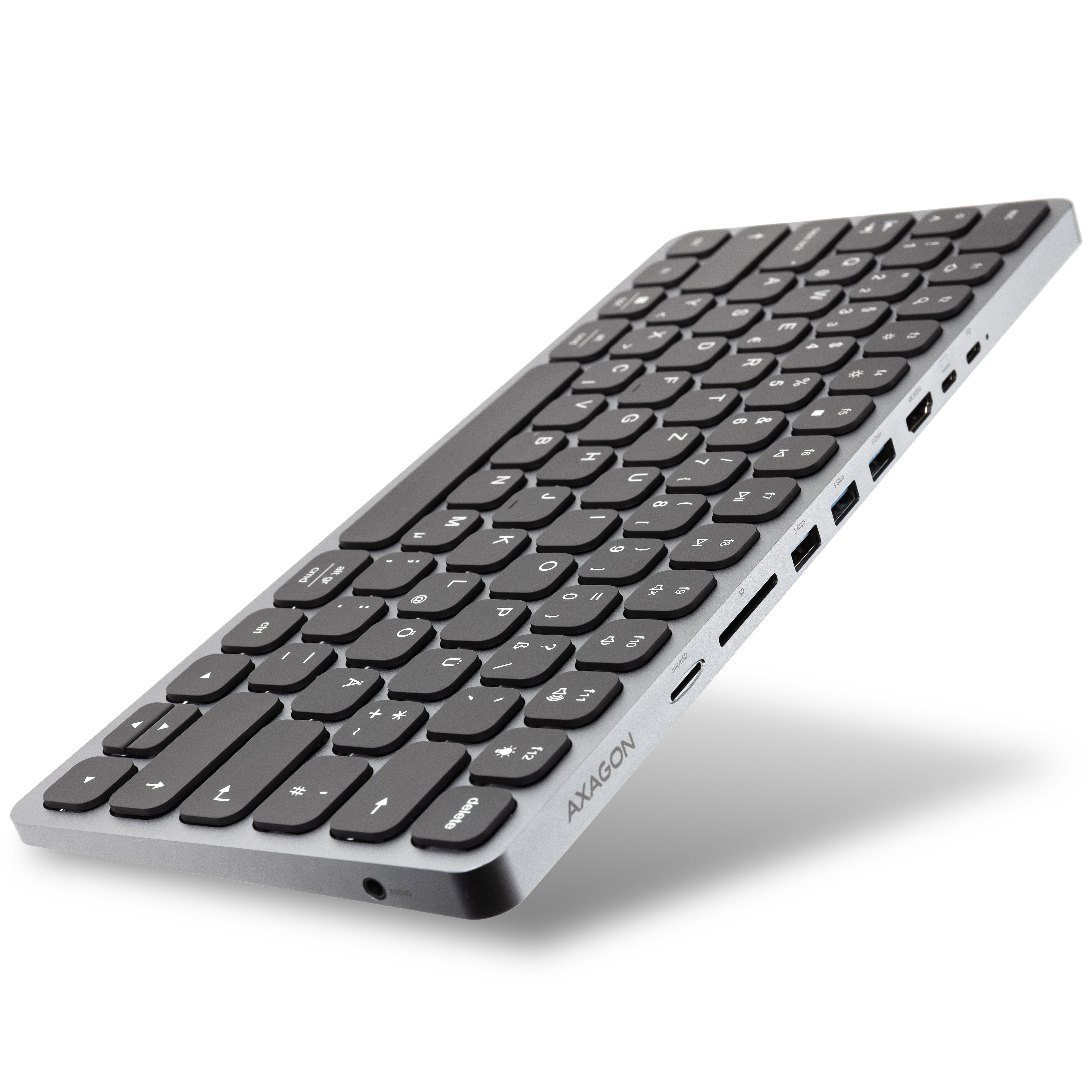 AXAGON HMC-KB USB-C Tastatur, microSD/SD, 3x USB-A 3.0, HDMI 4K/60Hz, PD 100W, Audio - DE Layout