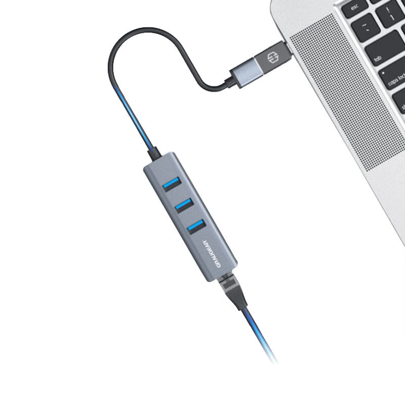 Graugear USB-Hub, 3x USB 3.0 Type-A Gbit LAN, inkl. USB-C Adapter - silber