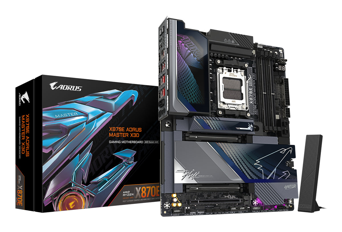 GIGABYTE X870E AORUS MASTER X3D Mainboard - Unterstützt AMD Ryzen 9000 CPUs, digitales 18+2+2-Phasen-VRM, bis zu 9000MHz DDR5 (O.C.), 2xPCIe 5.0 + 3xPCIe 4.0, Wi-Fi 7, 10GbE LAN, USB 4