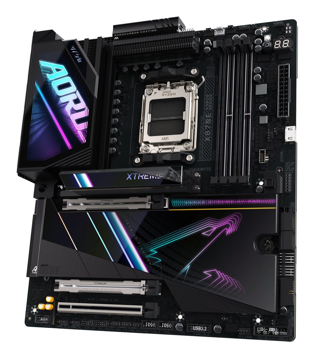 GIGABYTE X870E AORUS XTREME AI TOP Mainboard - Unterstützt AMD Ryzen 9000er-Serie CPUs, 18+2+2 Phasen VRM, bis zu 8800 MHz DDR5 (OC), 1xPCIe 5.0 M.2 + 3xPCIe 4.0 M.2, WI-FI 7, 10 GbE LAN, USB 4