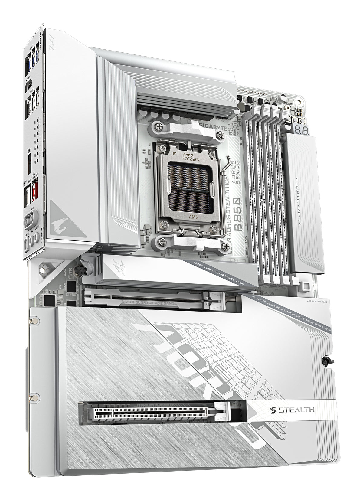 GIGABYTE B850 AORUS STEALTH ICE Mainboard – Unterstützt AMD Ryzen 9000 Serie CPUs, digitales 14+2+2 Phasen VRM, bis zu 8200 MHz DDR5 (OC), 2 x PCIe 5.0 + 2 x PCIe 4.0 M.2, Wi-Fi 7, 5 GbE LAN, USB 3.2 Gen 2
