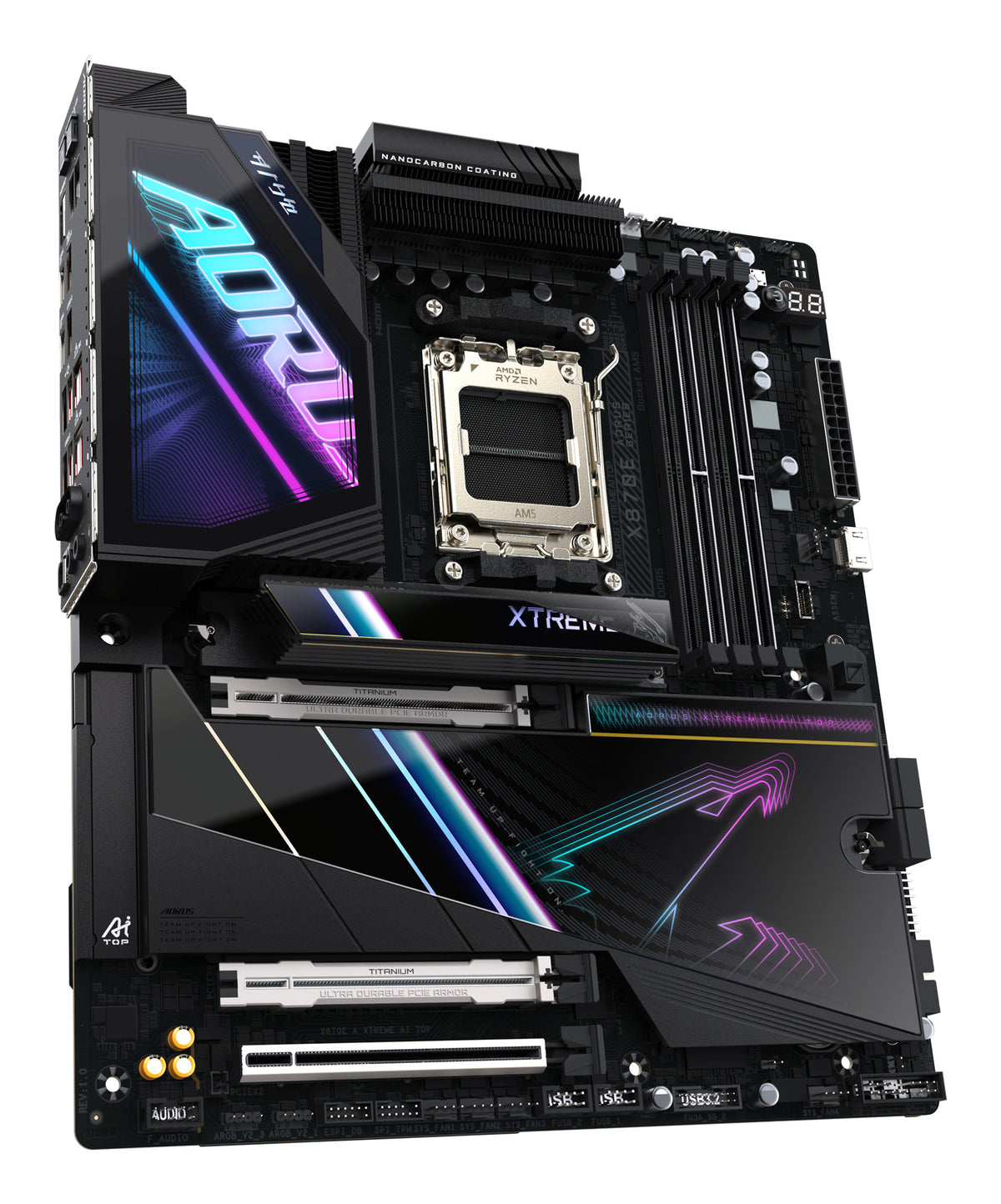 GIGABYTE X870E AORUS XTREME AI TOP Mainboard - Unterstützt AMD Ryzen 9000er-Serie CPUs, 18+2+2 Phasen VRM, bis zu 8800 MHz DDR5 (OC), 1xPCIe 5.0 M.2 + 3xPCIe 4.0 M.2, WI-FI 7, 10 GbE LAN, USB 4