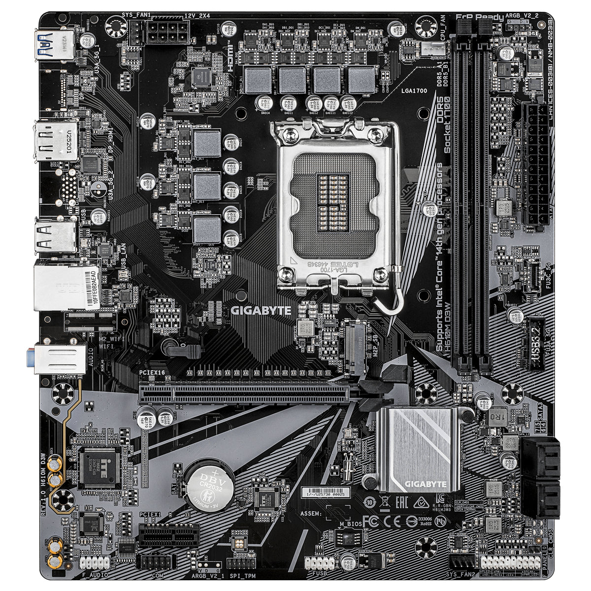 GIGABYTE H610M D3W Mainboard - Unterstützt Intel Core Prozessoren der 14. Generation, 5+1+1 Phasen VRM, bis zu 5600MHz DDR5, 1xPCIe 3.0 M.2, 1GbE LAN, USB 3.2 Gen 1