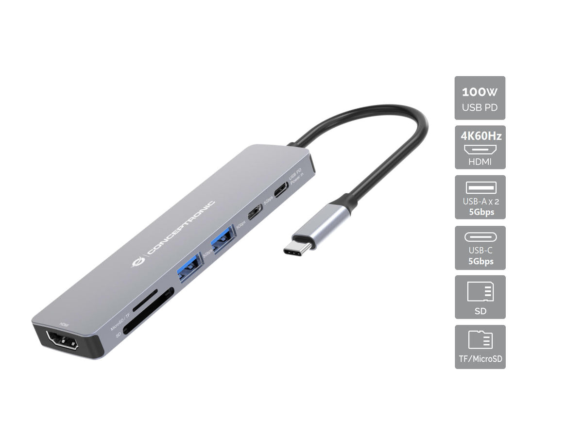 Conceptronic DONN28G 7-in-1 USB 3.2 Gen 1 Dockingstation, 4K60Hz HDMI, USB-A 5Gbps x 2, USB-C 5Gbps, SD, TF/MicroSD, 100W USB PD