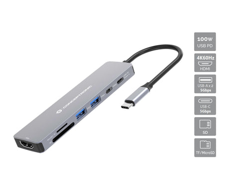 Conceptronic DONN28G 7-in-1 USB 3.2 Gen 1 Dockingstation, 4K60Hz HDMI, USB-A 5Gbps x 2, USB-C 5Gbps, SD, TF/MicroSD, 100W USB PD