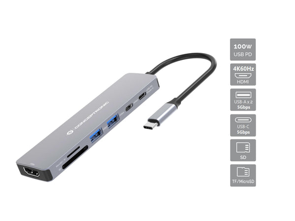 Conceptronic DONN28G 7-in-1 USB 3.2 Gen 1 Docking Station, 4K60Hz HDMI, USB-A 5Gbps x 2, USB-C 5Gbps, SD, TF/MicroSD, 100W USB PD