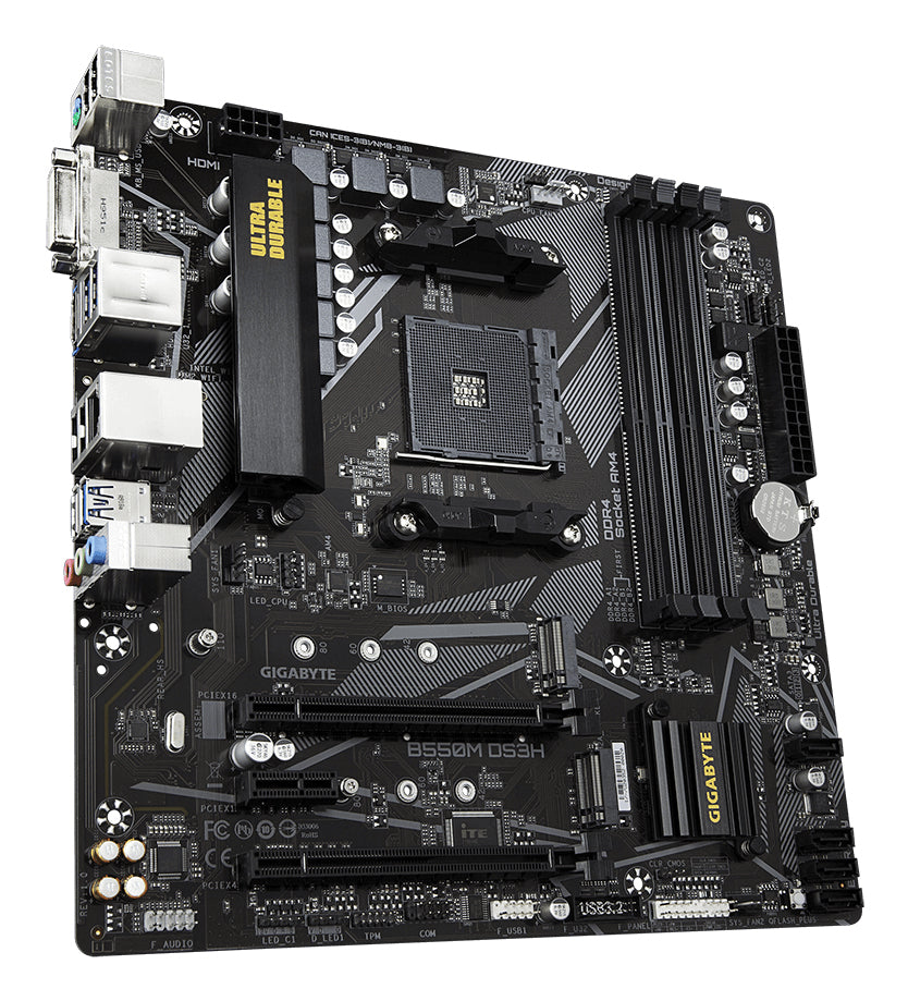 GIGABYTE B550M DS3H Mainboard – AMD Ryzen 5000 CPUs, 5+3 Phasen VRM, bis zu 4733 MHz DDR4, 1xPCIe 4.0 + 1xPCIe 3.0 M.2, 1GbE LAN, USB 3.2 Gen 1