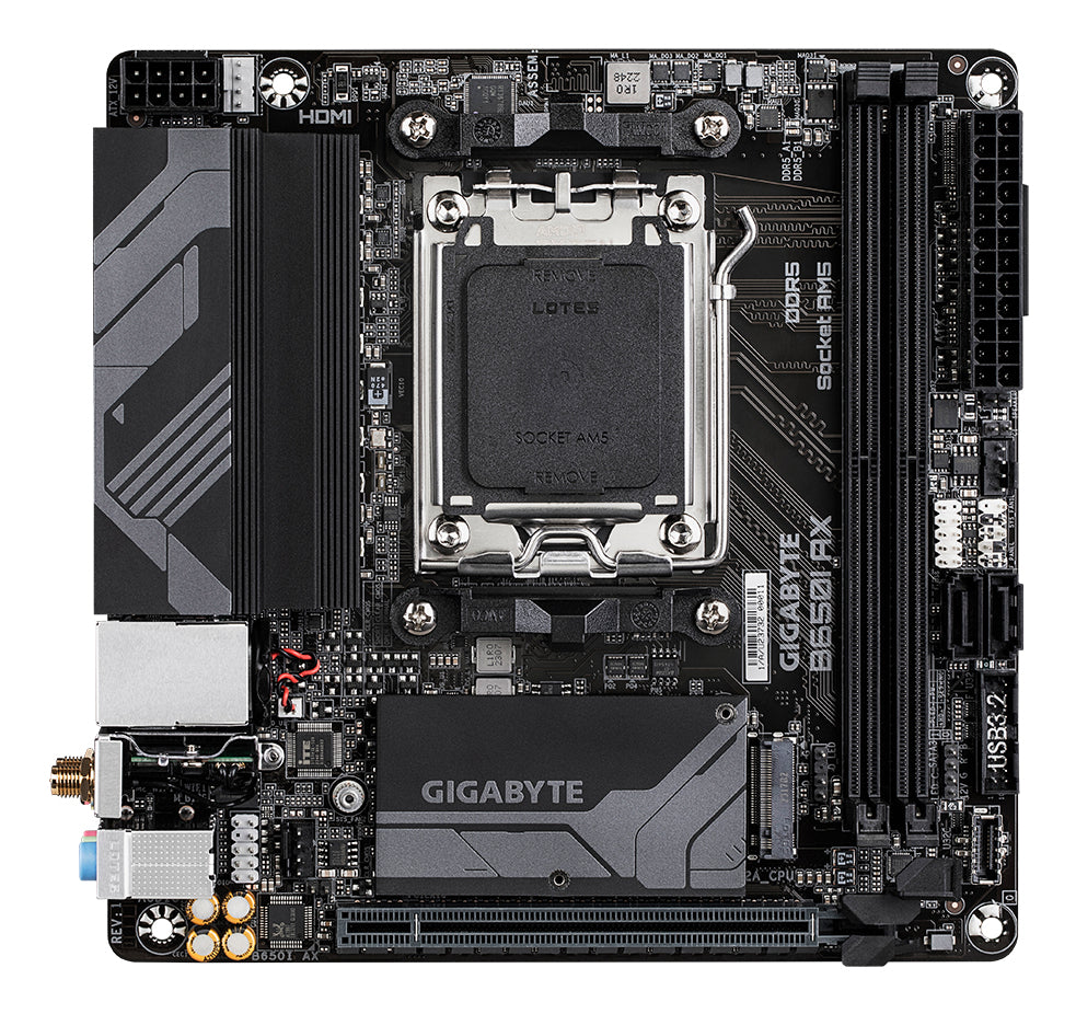 GIGABYTE B650I AX Mainboard - AMD Ryzen 9000er-Serie, 5+2+1 Phasen VRM, bis zu 6400 MHz DDR5 (OC), 1xPCIe 4.0 M.2, 2,5 GbE LAN, WIFI 6E, USB 3.2 Gen 2