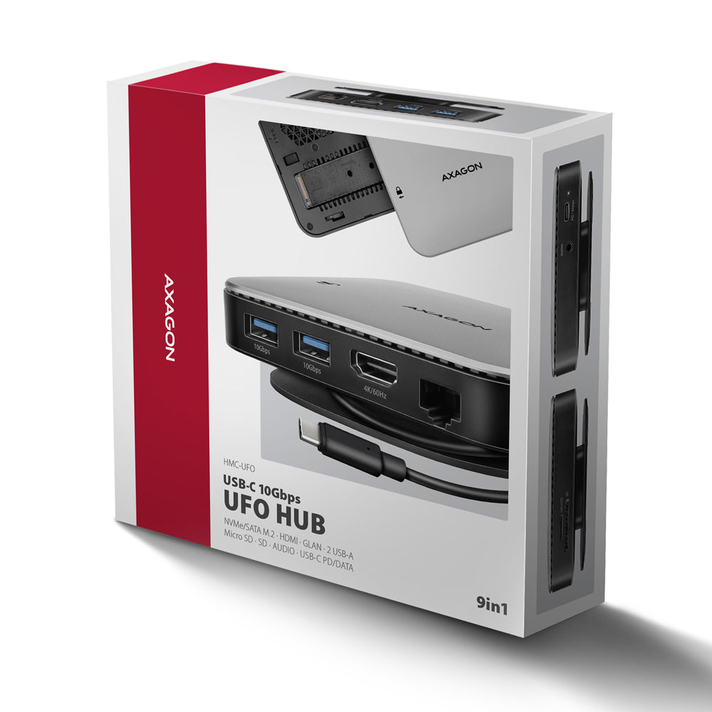Axagon HMC-UFO USB-C Hub M.2 SATA/NVMe 1 Gbit/s Ethernet 384 kHz Audio Kabelgebunden USB 3.2 Gen 2 (3.1 Gen 2) Type-C Schwarz