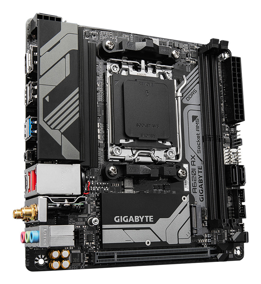 GIGABYTE A620I AX Motherboard - Unterstützt AMD Ryzen 8000 CPUs, 5+2+1 Phasen Digital VRM, bis zu 6400MHz DDR5 (OC), 1xPCIe 4.0 M.2, Wi-Fi 6E, 2.5GbE LAN, USB 3.2 Gen 2