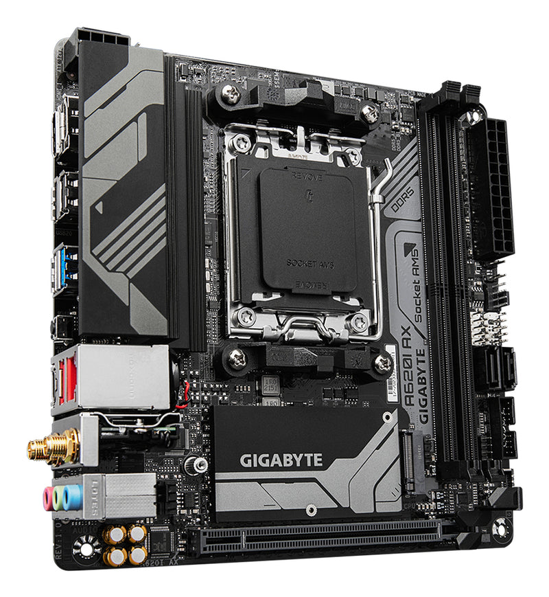 GIGABYTE A620I AX Motherboard - Unterstützt AMD Ryzen 8000 CPUs, 5+2+1 Phasen Digital VRM, bis zu 6400MHz DDR5 (OC), 1xPCIe 4.0 M.2, Wi-Fi 6E, 2.5GbE LAN, USB 3.2 Gen 2