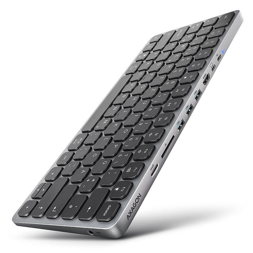 Axagon HMC-KB-GE, USB 5Gbps Tastatur mit integriertem USB‑Hub, HDMI 4K/60Hz, 3x USB-A, SD/mSD, audio, PD 100, deutsches Tastaturlayout