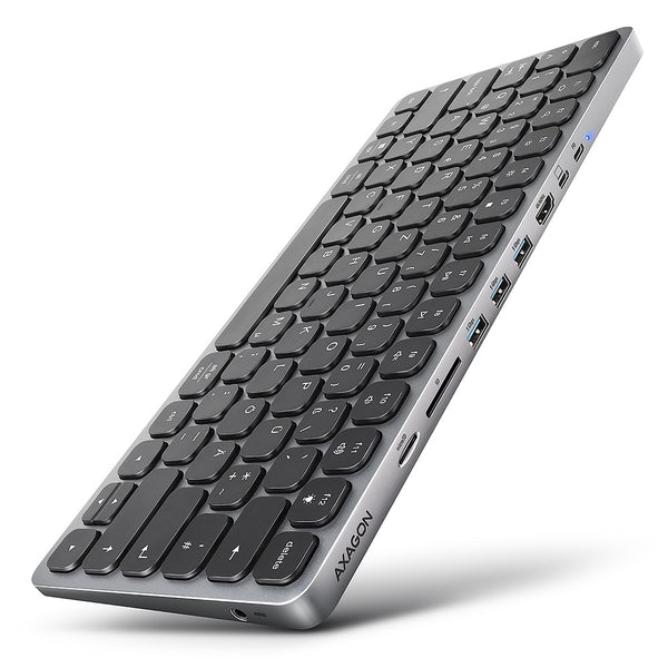 Axagon HMC-KB-GE, USB 5Gbps Tastatur mit integriertem USB‑Hub, HDMI 4K/60Hz, 3x USB-A, SD/mSD, audio, PD 100, deutsches Tastaturlayout