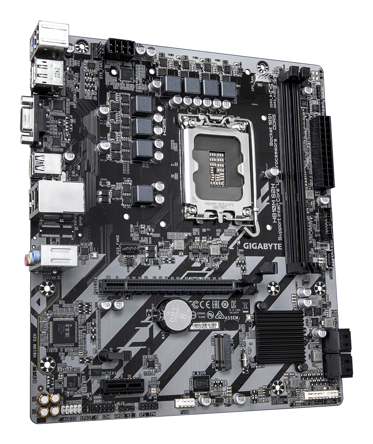 GIGABYTE H810M S2H Mainboard – Intel Core Ultra (Serie 2) CPUs, 4+1+2 Phasen VRM, bis zu 6400 MHz DDR5, 1xPCIe 4.0 M.2, 1GbE LAN, USB 3.2 Gen 1