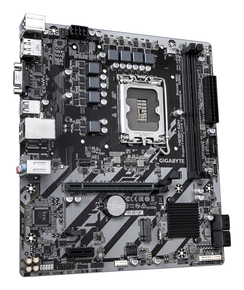 GIGABYTE H810M S2H Mainboard – Intel Core Ultra (Serie 2) CPUs, 4+1+2 Phasen VRM, bis zu 6400 MHz DDR5, 1xPCIe 4.0 M.2, 1GbE LAN, USB 3.2 Gen 1