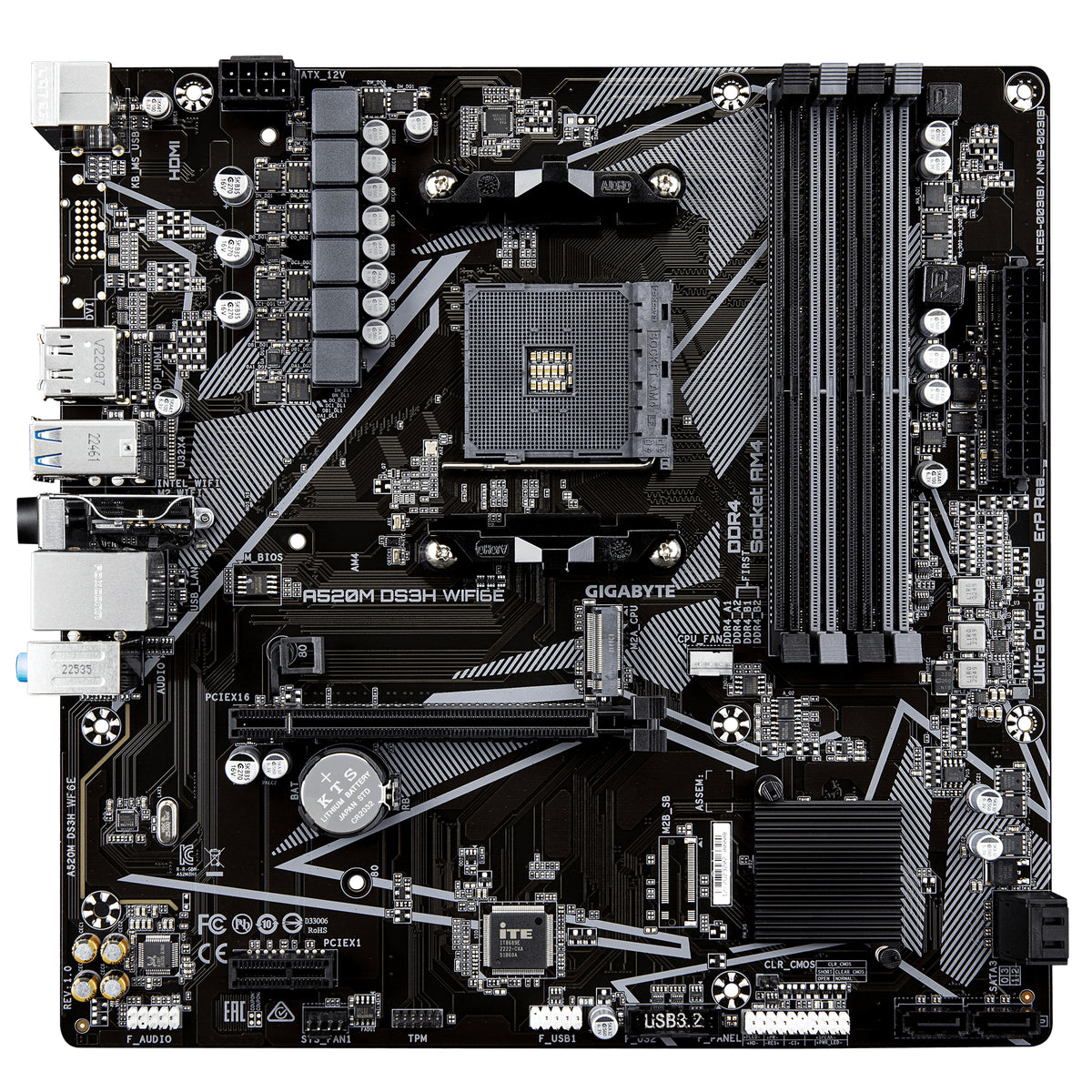 GIGABYTE A520M DS3H WIFI6E Mainboard – Unterstützt AMD Ryzen 5000 Series AM4 CPUs, bis zu 4733 MHz DDR4 (OC), 1× PCIe 3.0 M.2, Wi-Fi 6E, GbE-LAN, USB 3.2 Gen 1