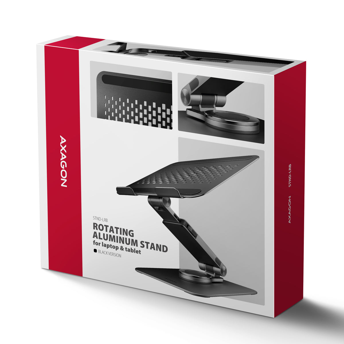 Axagon STND-LRB Aluminiumständer mit 360°-Drehung für Laptops 10"–17.3". Verstellbare Höhe und Winkel. Schwarze Version.