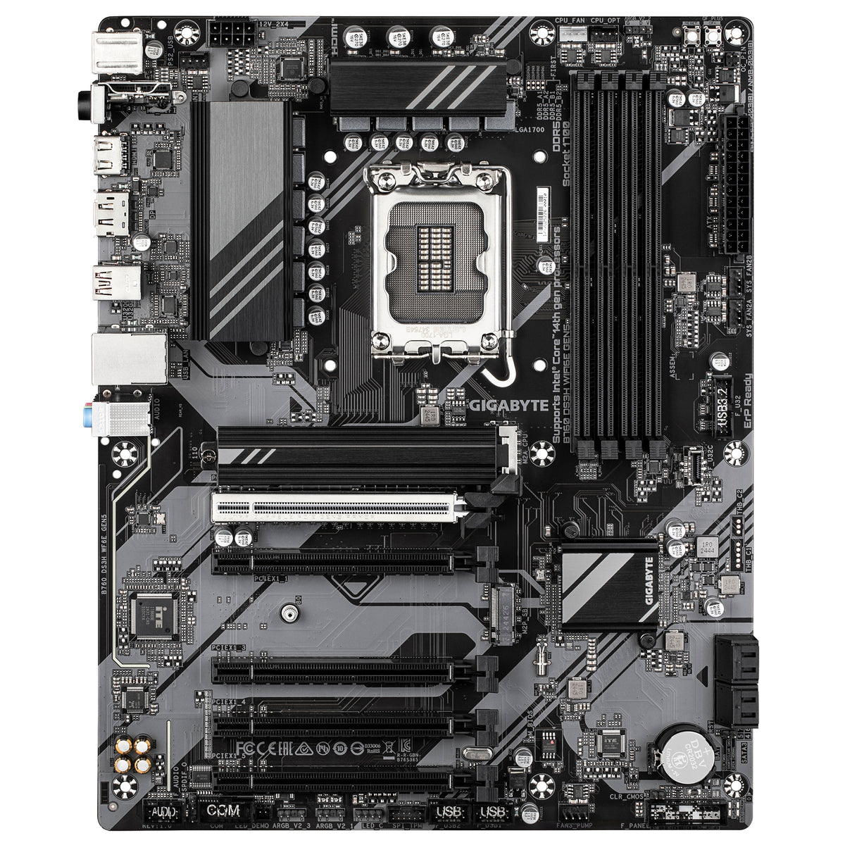 GIGABYTE B760 DS3H WIFI6E GEN5 Mainboard – Unterstützt Intel Core Prozessoren der 14. Generation, 8+2+1 Phasen Digital-VRM, bis zu 5600 MHz DDR5, 2xPCIe 4.0 M.2, Wi-Fi 6E, 1 GbE LAN, USB 3.2 Gen 2x2