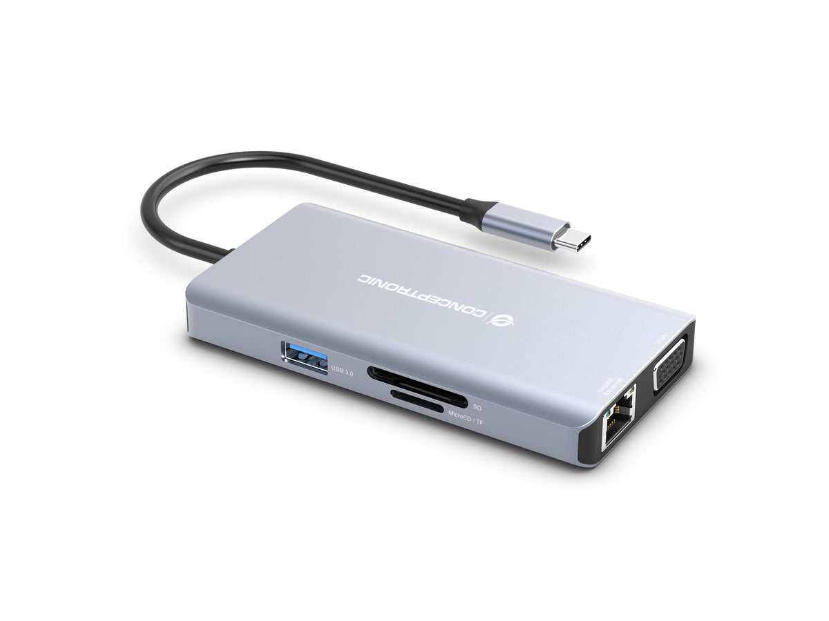 Conceptronic DONN20G 10-in-1 USB 3.2 Gen 1 Dockingstation, HDMI, VGA, USB-A 3.0 x 3, SD, TF/MicroSD, Audio, GbE LAN, 100W USB PD