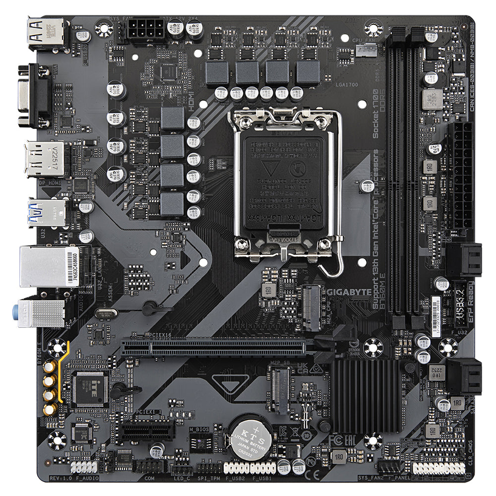 Carte mère GIGABYTE B760M E – Prend en charge les processeurs Intel Core de 14e génération, VRM à 6+1+1 phases, jusqu'à 7200 MHz DDR5 (OC), 2xPCIe 4.0 M.2, 1 GbE LAN, USB 3.2 Gen 1