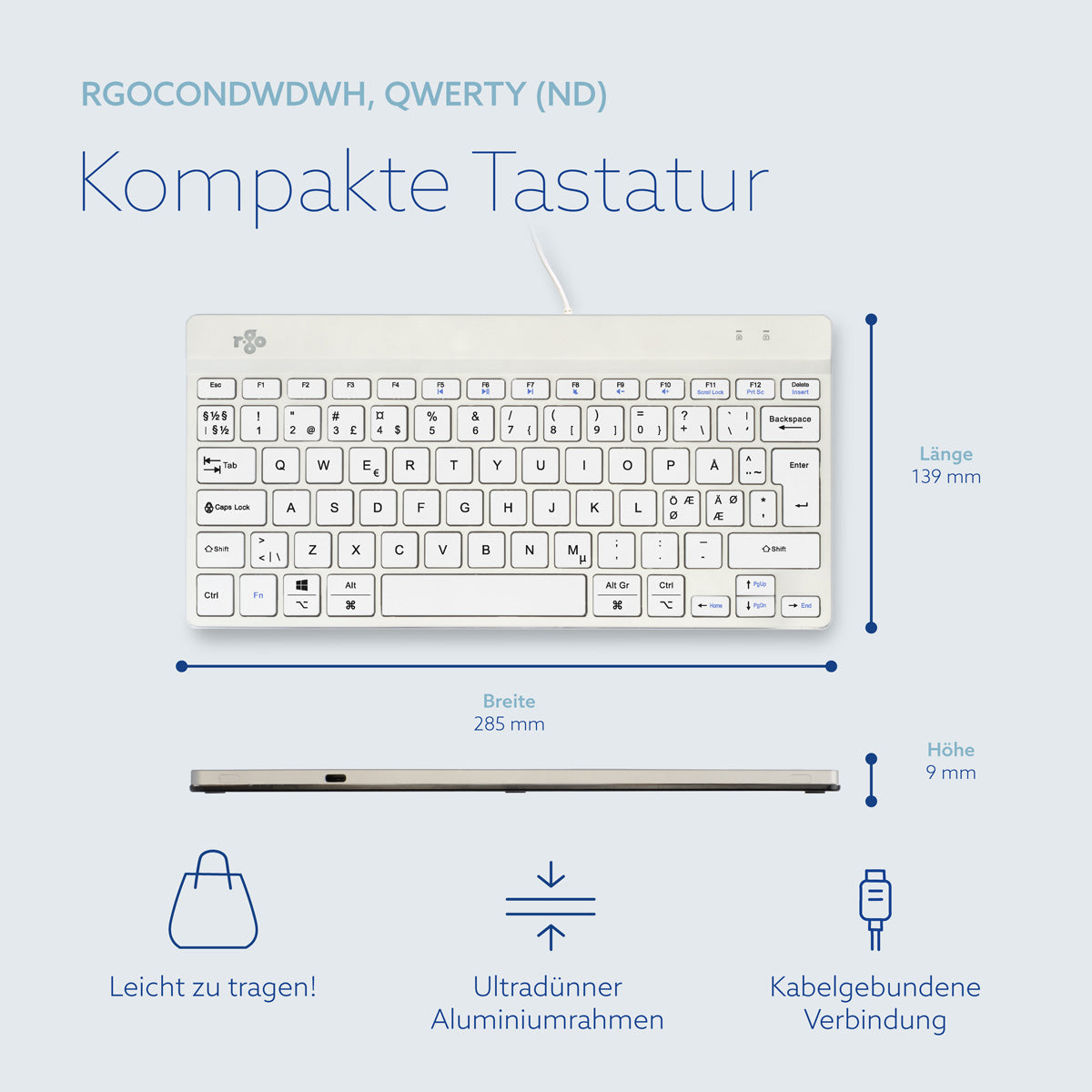 R-Go Tools Ergonomische Tastatur R-Go Compact Break, kompakte Tastatur mit Pausensoftware, QWERTY (NORDIC), Kabelgebunden, Weiß