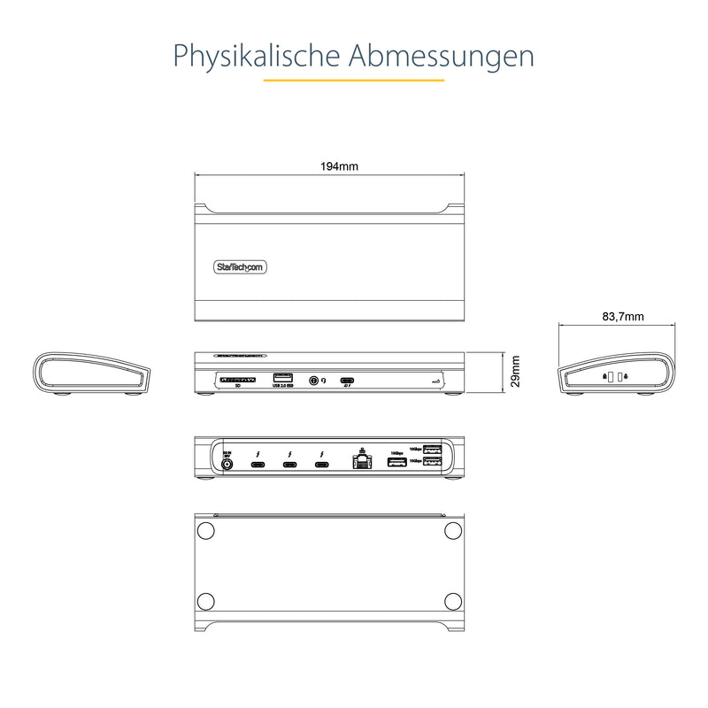 StarTech.com Thunderbolt 4 Docking station, 96W PD, Einzelner 8K/Dual 4K 60Hz Monitor, 3xTB4/USB4 und 4xUSB-A Hub, SD/GbE, Thunderbolt 4/3 und USB4 kompatibel, K-Slot, 0.8m Kabel