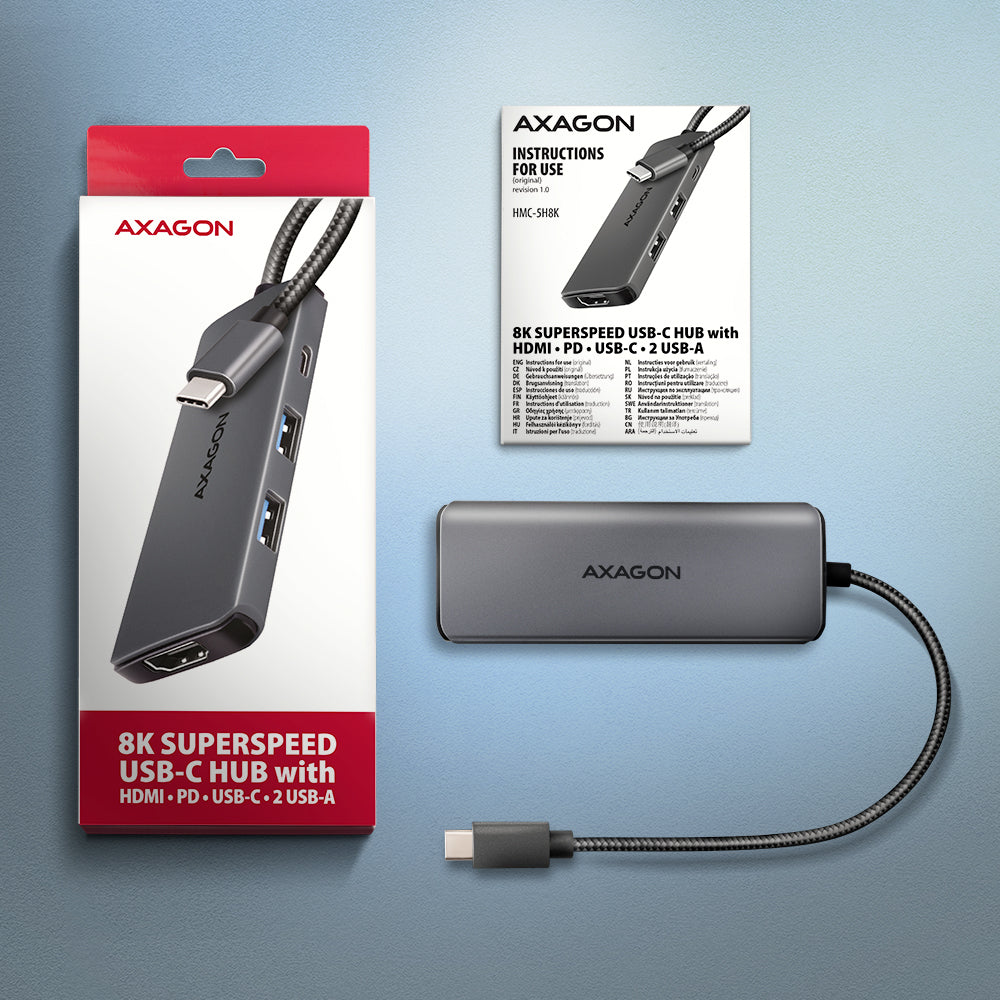 Axagon HMC-5H8K USB 5Gbps hub 2x USB-A USB-C HDMI 8k/30Hz PD 100W kabel USB-C Kabelgebunden USB 3.2 Gen 1 (3.1 Gen 1) Type-C Grau
