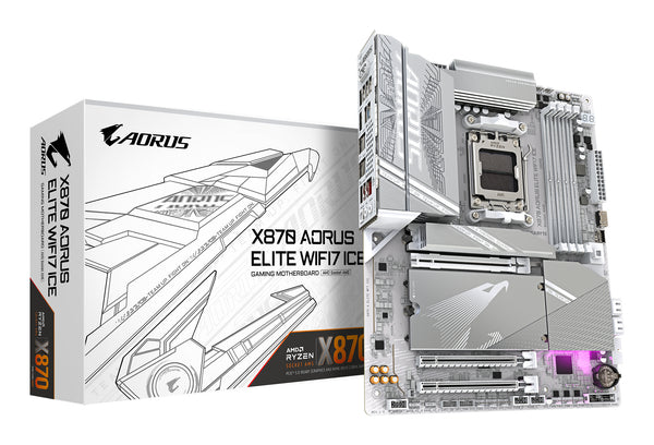 Carte mère GIGABYTE X870 AORUS ELITE WIFI7 ICE - Prend en charge les processeurs AMD Ryzen 9000, VRM numérique 16+2+2 phases, jusqu'à 8200MHz DDR5 (OC), 3xPCIe 5.0 + 1xPCIe 4.0, Wi-Fi 7, LAN 2.5GbE, USB 4