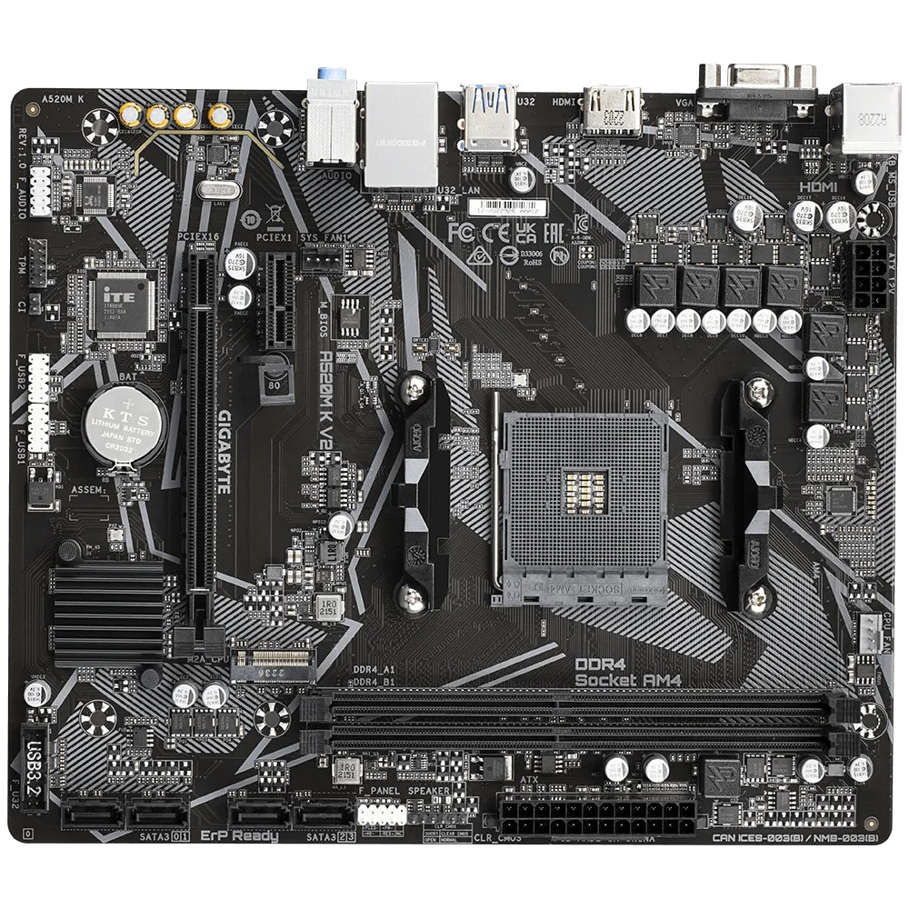 GIGABYTE A520M K V2 Mainboard - Unterstützt AMD Ryzen 5000 Serie AM4 CPUs, bis zu 5100MHz DDR4 (OC), PCIe Gen3 x4 M.2, GbE LAN, USB 3.2 Gen 1