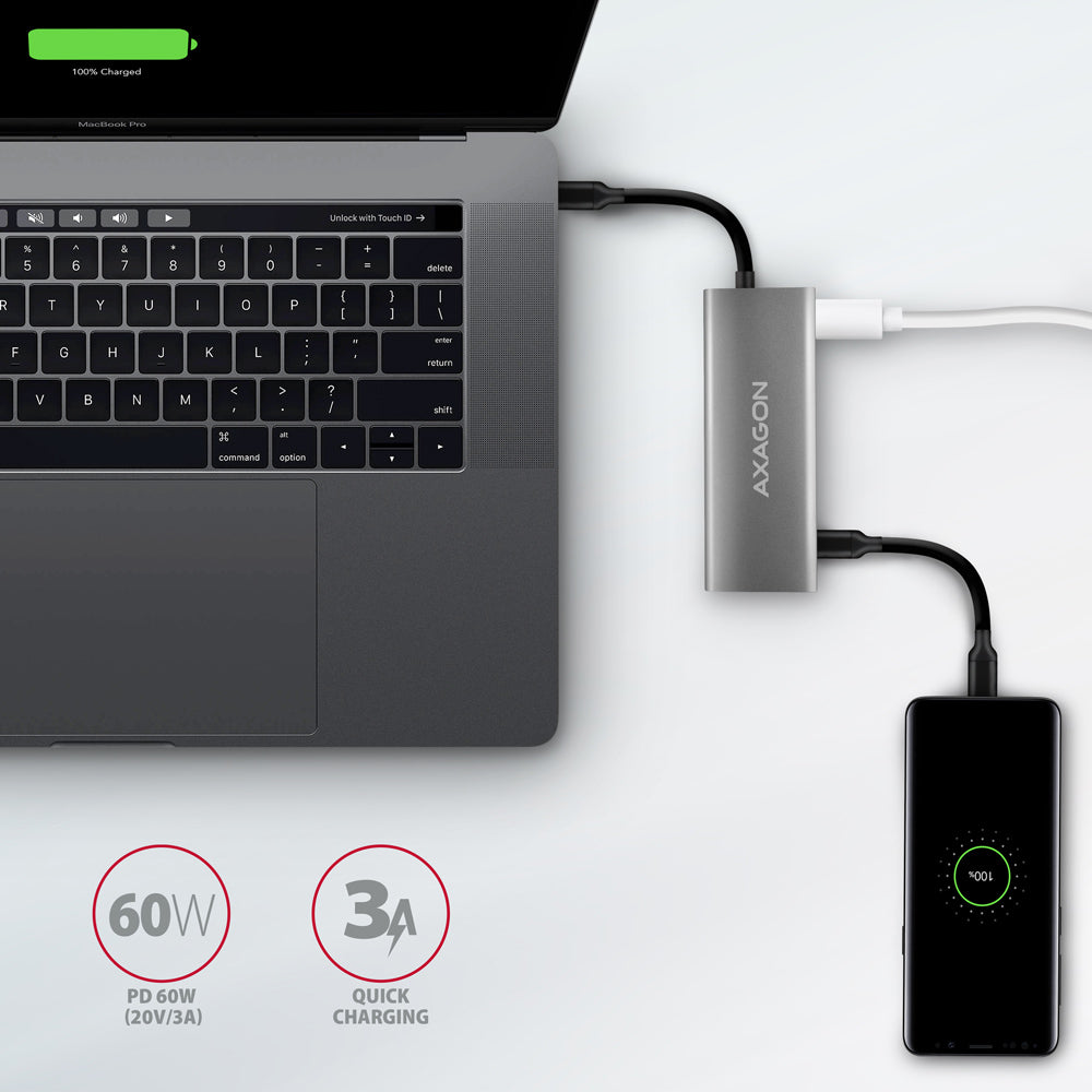 Axagon HMC-5G21 USB 10Gbps hub, 2x USB-A, 2x USB-C, HDMI 4k/30Hz, PD 60W, USB-C Kabel