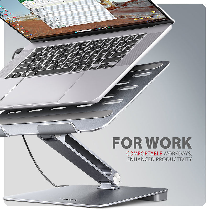 Axagon HMC-STND Multiport USB-C 5Gbps Hub und Aluminiumständer für Laptops. HDMI 4k/60Hz, GLAN, PD und 3 USB-A-Anschlüsse. Kabel USB-C 60 cm.