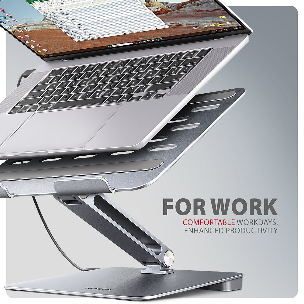 Axagon HMC-STND Multiport USB-C 5Gbps Hub und Aluminiumständer für Laptops. HDMI 4k/60Hz, GLAN, PD und 3 USB-A-Anschlüsse. Kabel USB-C 60 cm.