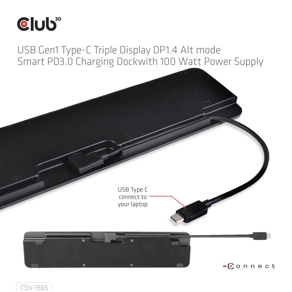 CLUB3D Dockingstation USB Gen1 Typ-C Dreifach-Display DP1.4 Alt-Modus Smart PD3.0 mit 100-Watt-Netzteil