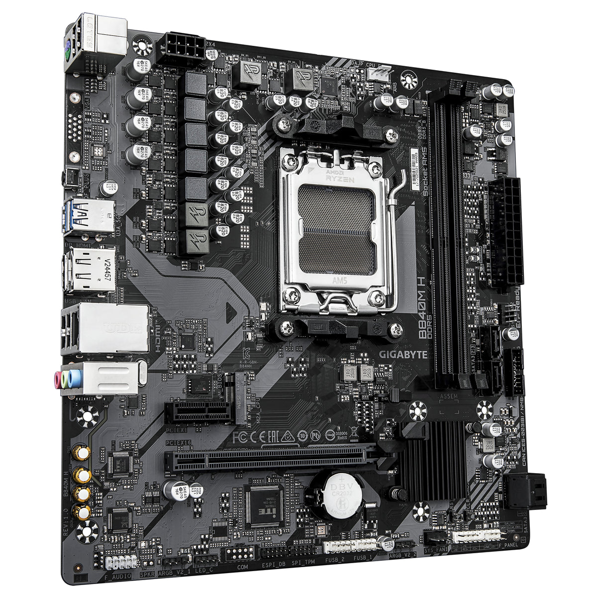 GIGABYTE B840M H Mainboard - AMD Ryzen 9000 CPUs, 5+2+2 Phasen VRM, bis zu 7200MHz DDR5 (O.C), 1xPCIe 4.0 M.2, 1GbE LAN, USB 3.2 Gen 1