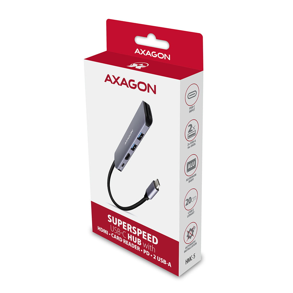 Axagon HMC-5 USB 3.2 Gen 1 hub, 2x USB-A, HDMI, SD/microSD, PD 100W