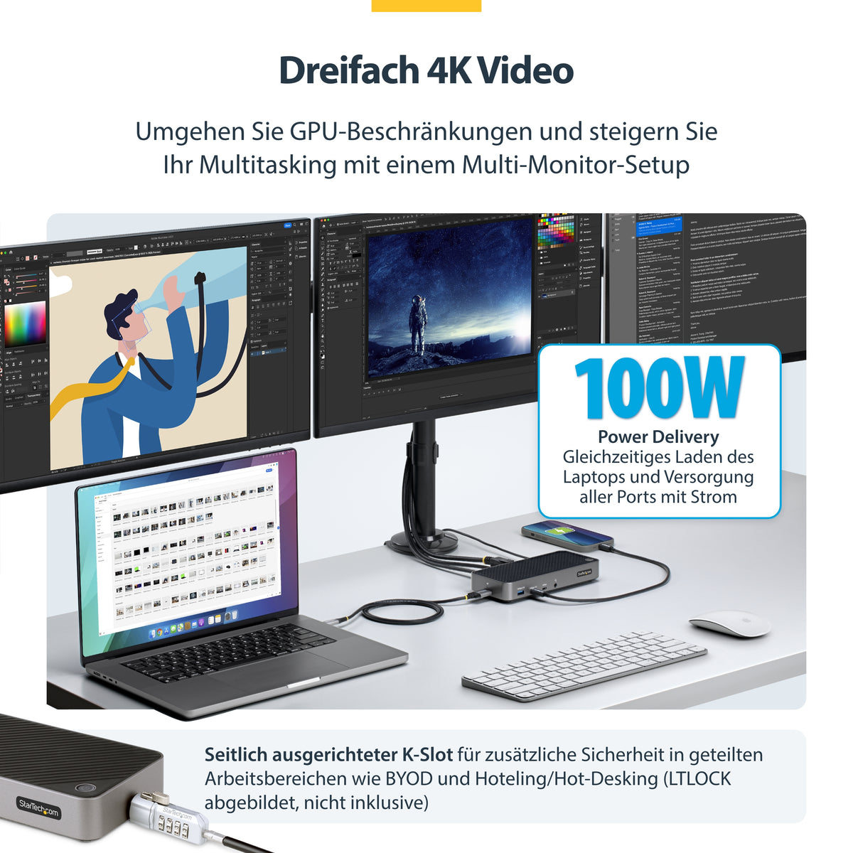 StarTech.com USB-C Drei Monitor Dockingstation - HDMI/DP Dreifach 4K USB C Dock - 5x USB Hub - GbE - 100W PD - Universelle Multi-Monitor Dockingstation - Thunderbolt 3/4 Kompatibel