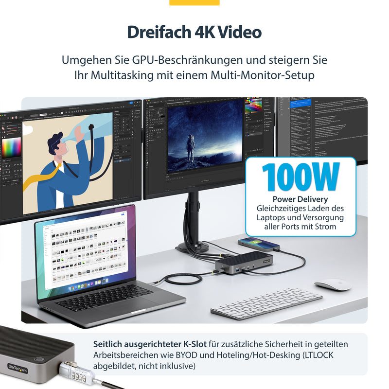 StarTech.com USB-C Drei Monitor Dockingstation - HDMI/DP Dreifach 4K USB C Dock - 5x USB Hub - GbE - 100W PD - Universelle Multi-Monitor Dockingstation - Thunderbolt 3/4 Kompatibel