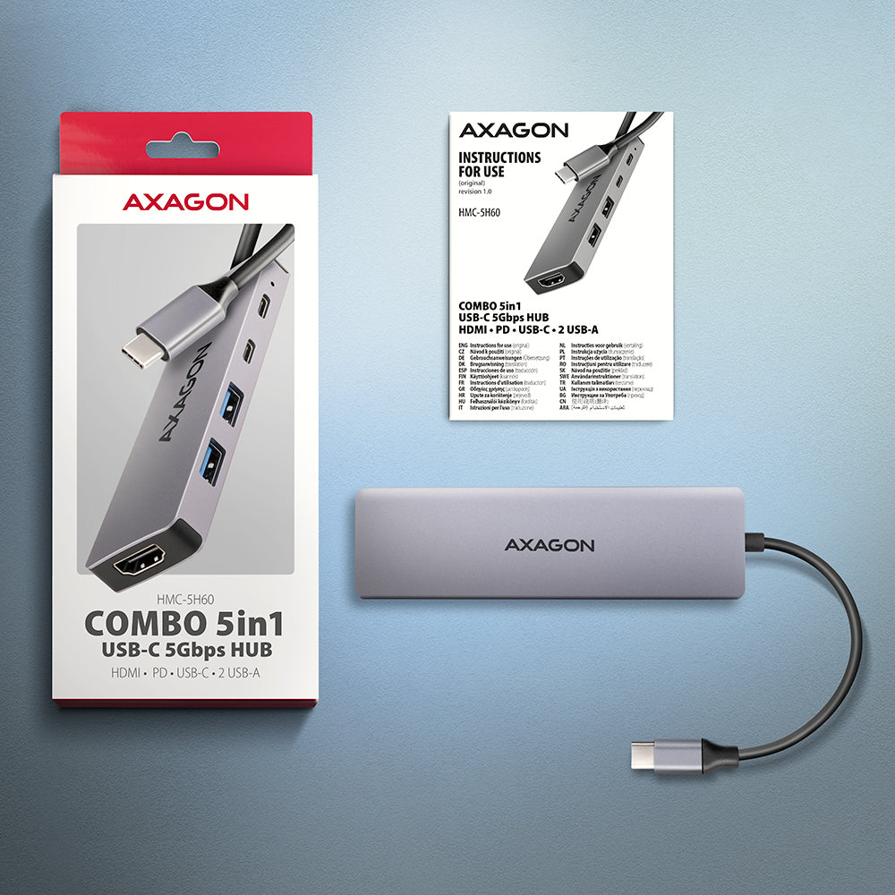 Axagon HMC-5H60 USB 5Gbps hub, 2x USB-A, 1x USB-C, HDMI 4k/60Hz, PD 100W, USB-C Kabel