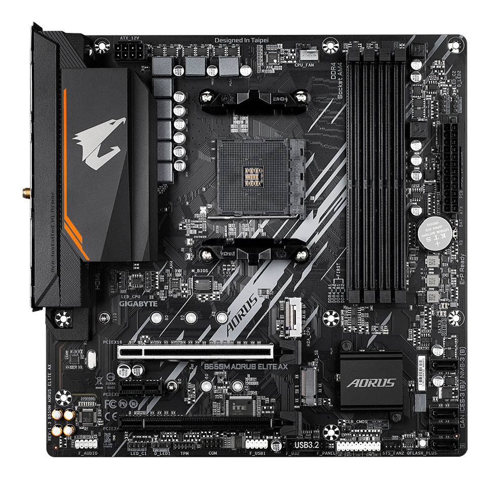 GIGABYTE B550M AORUS ELITE AX Mainboard – AMD Ryzen 5000 CPUs, 5+3 Phasen VRM, bis zu 4733 MHz DDR4, 1xPCIe 4.0 + 1xPCIe 3.0 M.2, Wi-Fi 6E, 1GbE LAN, USB 3.2 Gen 1