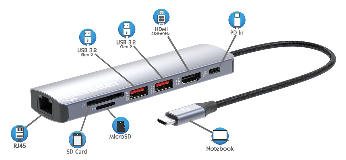 Manhattan 153966 laptop-dockingstation & portreplikator Kabelgebunden USB 3.2 Gen 2 (3.1 Gen 2) Type-C Silber
