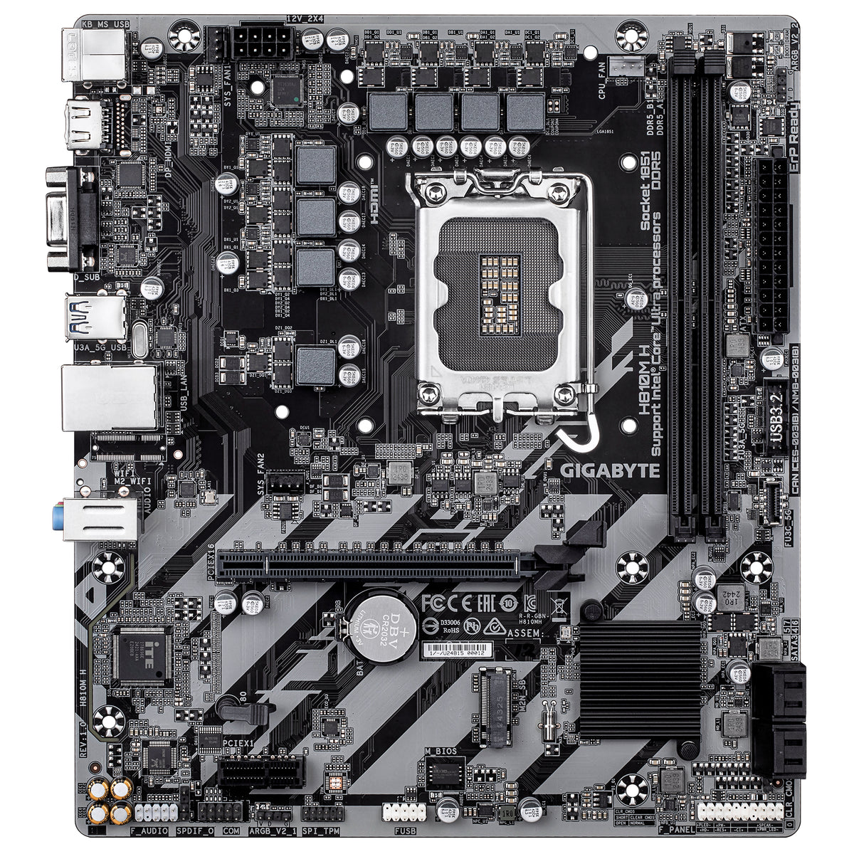 GIGABYTE H810M H Mainboard – Intel Core Ultra (Serie 2) CPUs, 4+1+2 Phasen VRM, bis zu 6400 MHz DDR5, 1xPCIe 4.0 M.2, 1GbE LAN, USB 3.2 Gen 1
