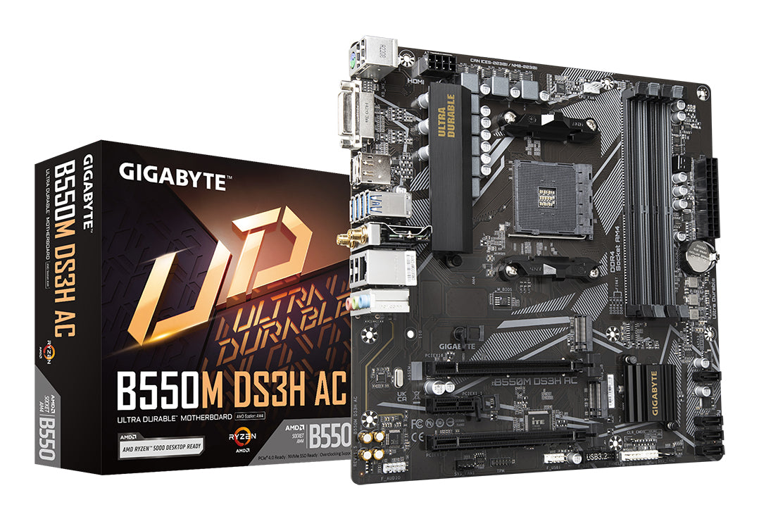 GIGABYTE B550M DS3H AC Mainboard – AMD Ryzen 5000 CPUs, 5+3 Phasen VRM, bis zu 4733 MHz DDR4, 1xPCIe 4.0 + 1xPCIe 3.0 M.2, Wi-Fi 5, 1GbE LAN, USB 3.2 Gen 1