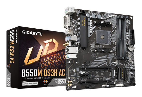 GIGABYTE B550M DS3H AC Mainboard – AMD Ryzen 5000 CPUs, 5+3 Phasen VRM, bis zu 4733 MHz DDR4, 1xPCIe 4.0 + 1xPCIe 3.0 M.2, Wi-Fi 5, 1GbE LAN, USB 3.2 Gen 1
