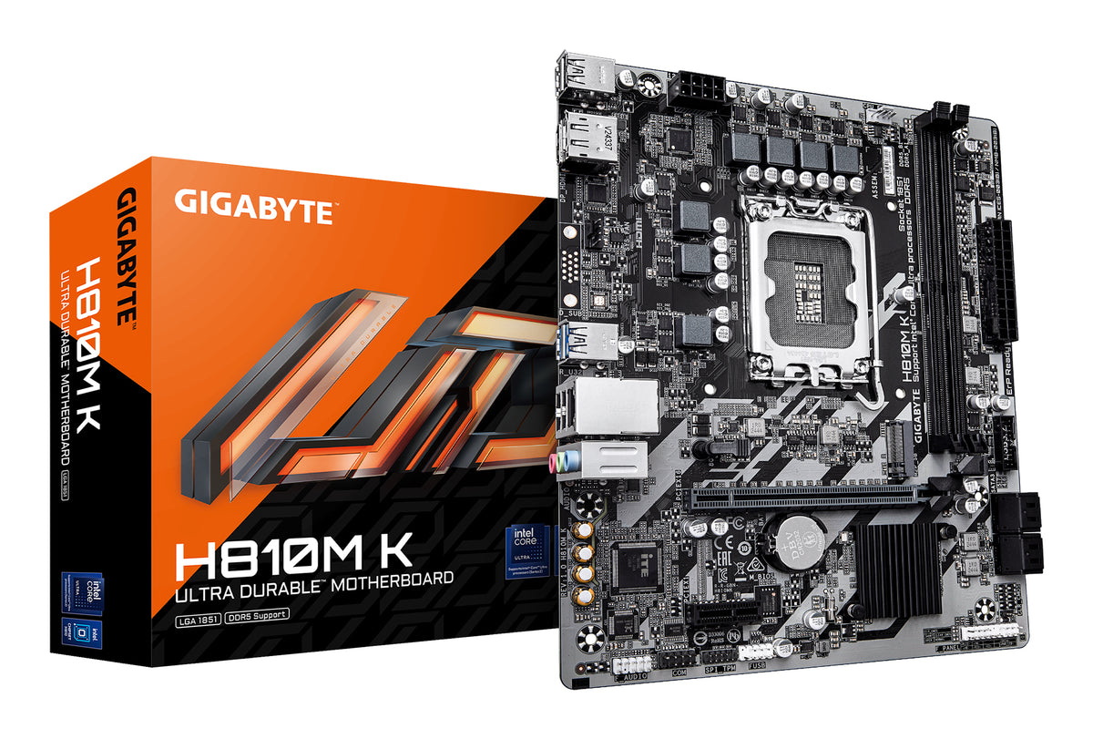 GIGABYTE H810M K Mainboard – Intel Core Ultra (Serie 2) Prozessoren, 3+1+2 Phasen VRM, bis zu 6400 MHz DDR5, 1 x M.2 PCIe 4.0, 1 GbE LAN, USB 3.2 Gen 1