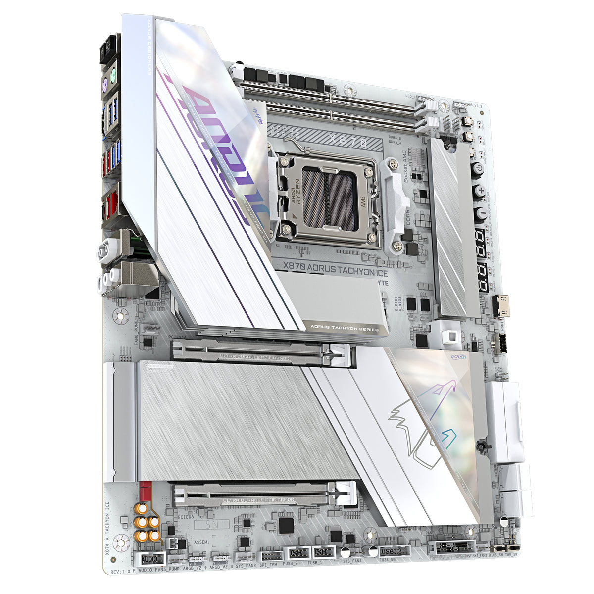 GIGABYTE X870 AORUS TACHYON ICE Mainboard – Unterstützt AMD Ryzen 9000 CPUs, digitale 18+2+2 Phasen VRM, bis zu 9600 MHz DDR5 (OC), 1 x PCIe 5.0 + 2 x PCIe 4.0, Wi-Fi 7, 5 GbE LAN, USB 4