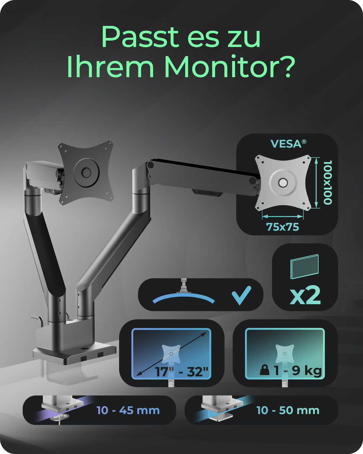 ICY BOX IB-MS524-T, Monitorständer mit Tischhalterung für zwei Monitore bis zu 32" (81 cm)