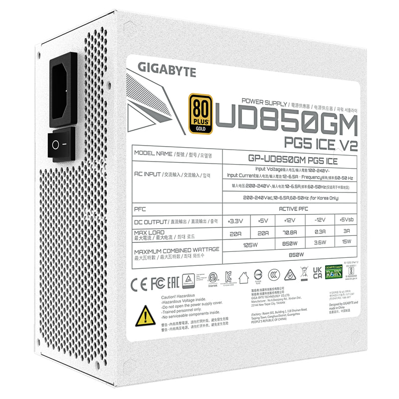 GIGABYTE UD850GM PG5 V2 ICE Netzteil – PCIe Gen 5.1, 80 PLUS Gold, Vollmodulares Design, 120-mm-Lüfter, ATX 3.1-kompatibel, EU-Stecker