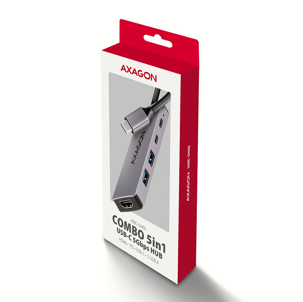 Axagon HMC-5H60 USB 5Gbps hub, 2x USB-A, 1x USB-C, HDMI 4k/60Hz, PD 100W, USB-C Kabel