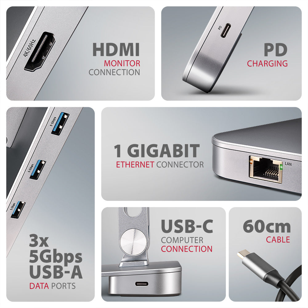 Axagon HMC-STND Multiport USB-C 5Gbps Hub und Aluminiumständer für Laptops. HDMI 4k/60Hz, GLAN, PD und 3 USB-A-Anschlüsse. Kabel USB-C 60 cm.
