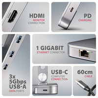 Axagon HMC-STND Multiport USB-C 5Gbps Hub und Aluminiumständer für Laptops. HDMI 4k/60Hz, GLAN, PD und 3 USB-A-Anschlüsse. Kabel USB-C 60 cm.